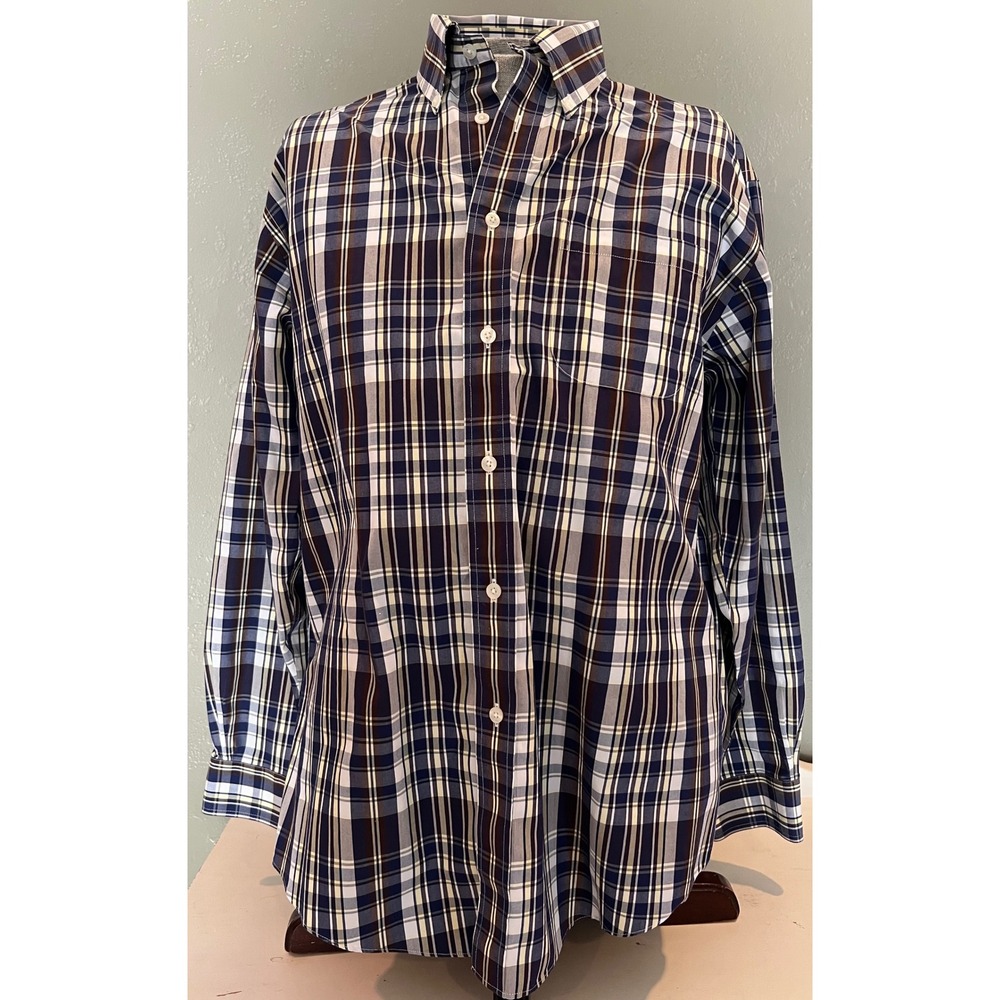Brooks Brothers Mens Plaid Button Down Shirt Navy Yellow Brown Cotton Size M